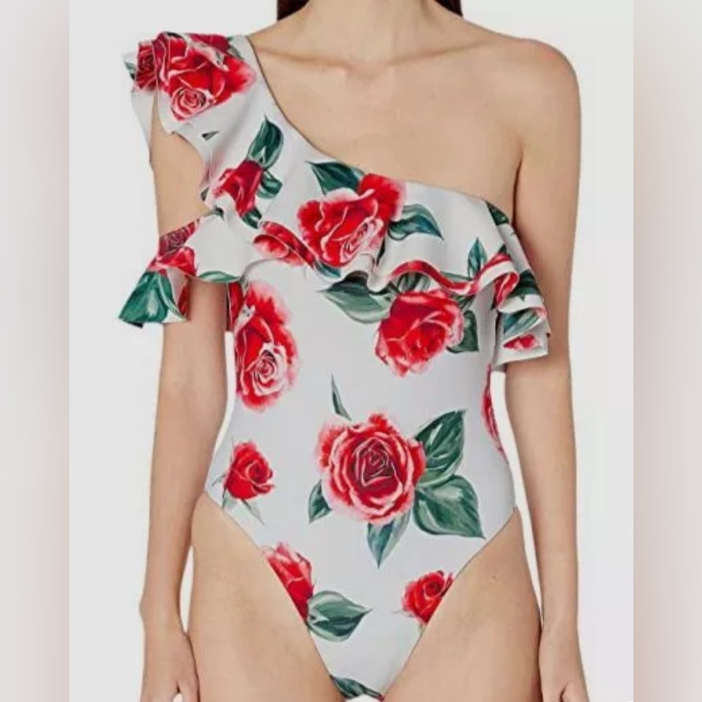 Onia x WeWoreWhat Stella One Shoulder Ruffle Floral One Piece Swimsuit NWT sz L